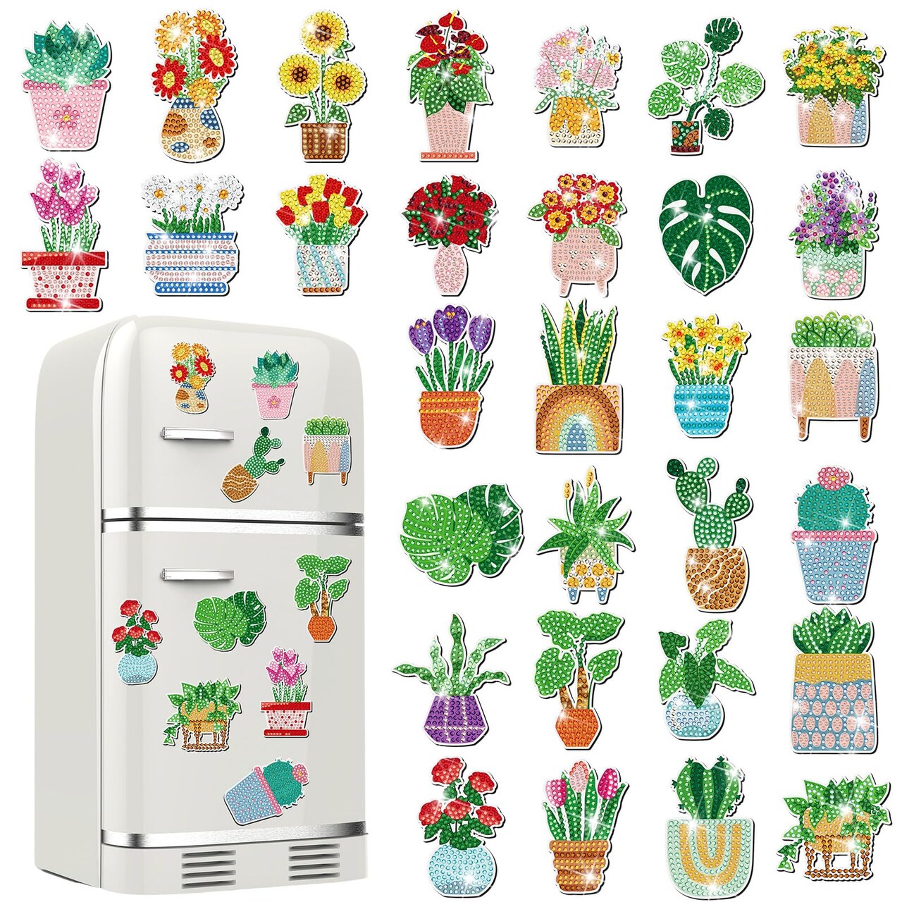 30 Pcs Spring Diamond Painting Magnets, Summer Diamond Art Magnet Kits for Adults, Plant Flower 5D Rhinestones Refrigerator Magnetic Stickers for Beginner DIY Crafts, Fridge, Spring Gifts